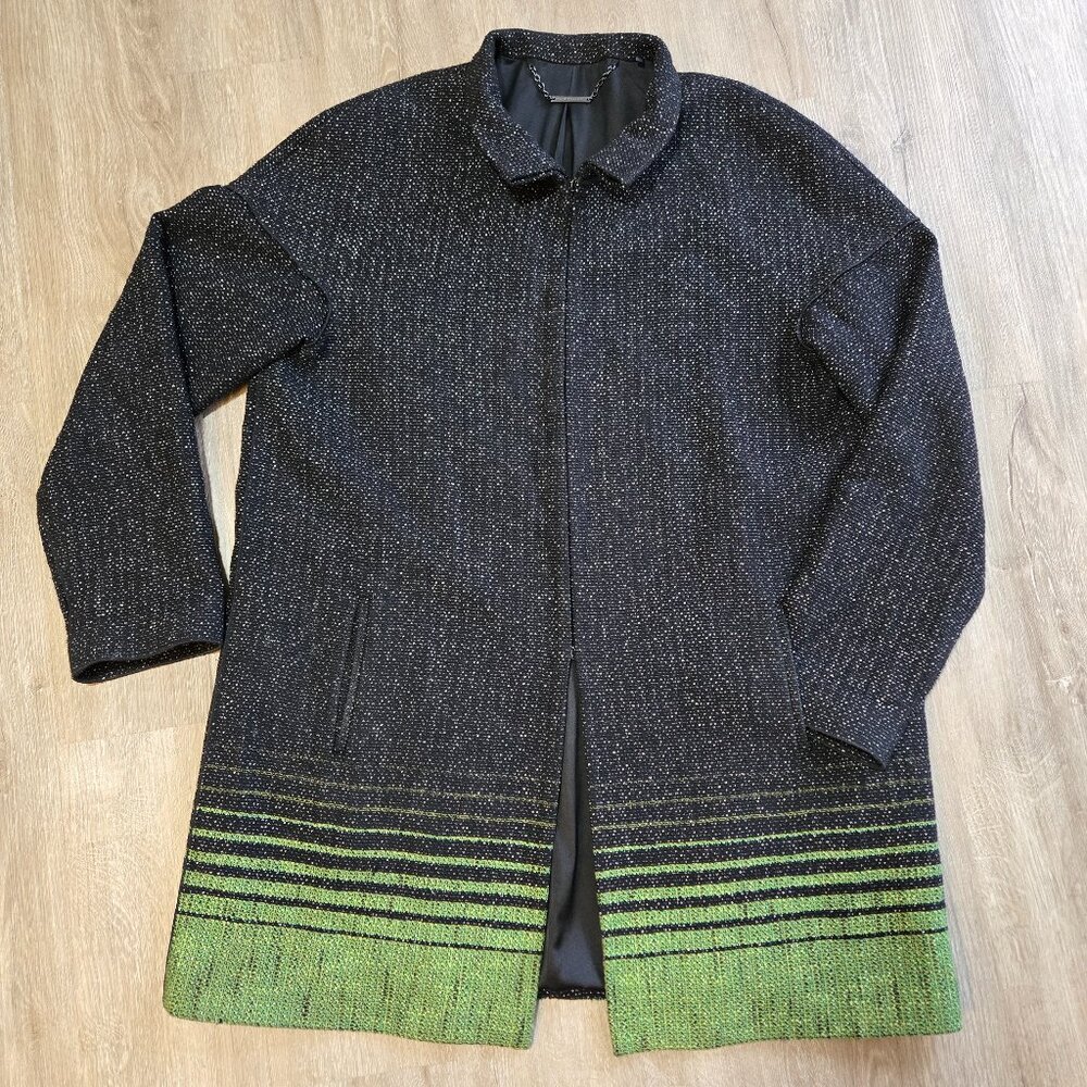 Elie TAHARI Tweed Green Black Lined Designer Luxury Jacket Hook Closure Sz Large